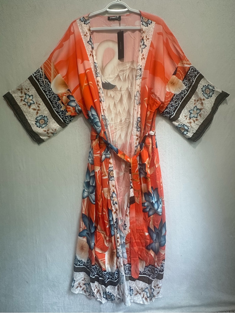 NWT Allegra K Coral Flamingo Floral Kimono Swim Cover Up Robe One Size Waist Tie